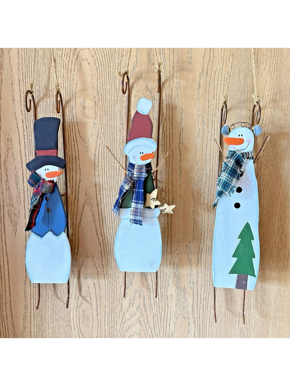 Lot of 3 Wooden Snowman on Sleds Country Christmas Plaid Scarfs Hand Painted
